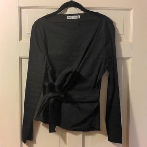 Zara black linen blouse w bow detail